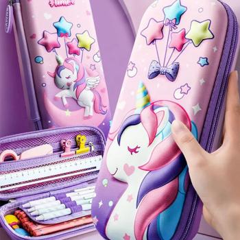 Premium trda šolska peresnica EVA 3D Pink Unicorn – prazna