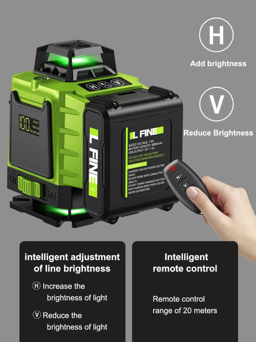 LFINE V2 Pro 4D gradbeni laserski nivelir, 16 linijski zeleni s samodejnim uravnavanjem, akumulatorski, 2x baterija, kovček