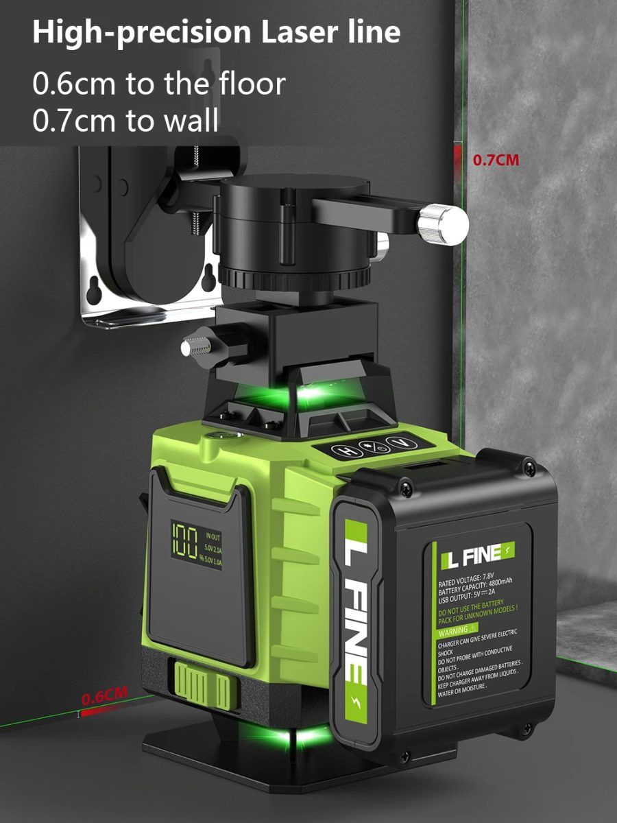 LFINE V2 Pro 4D gradbeni laserski nivelir, 16 linijski zeleni s samodejnim uravnavanjem, akumulatorski, 2x baterija, kovček